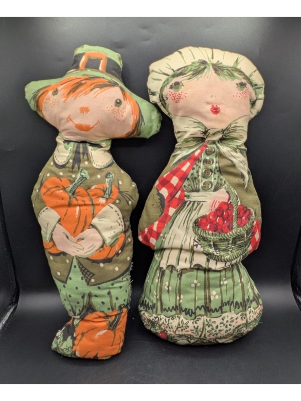 Vtg Handmade Pilgrim Man & Woman Cloth Stuffed Pillow Doll Fall Thanksgiving 18"